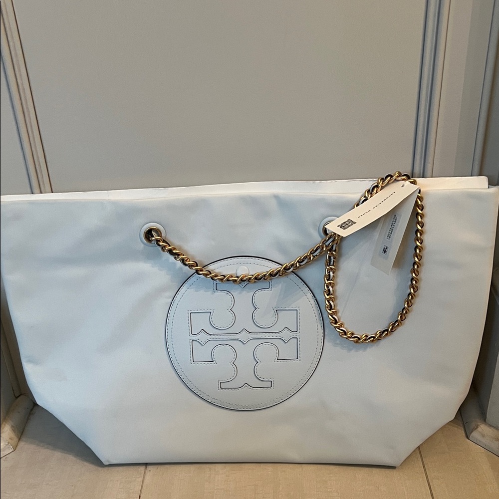 Tory Burch White Tote Bag with Gold Chain